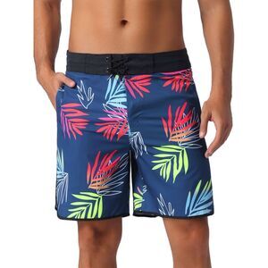 Tropical Vocation Drawstring Hawaiian Print Athletic Swim Trunks Dark Blue